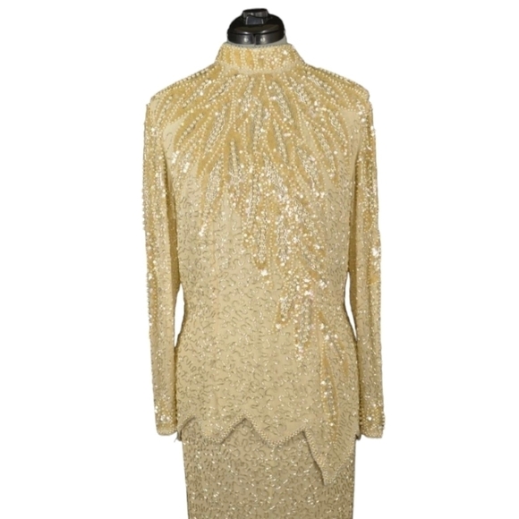 Vtg Designer He-Ro Beaded  Sequined champagne Silk Old Money 2-Piece Set sz 2 - Picture 2 of 16